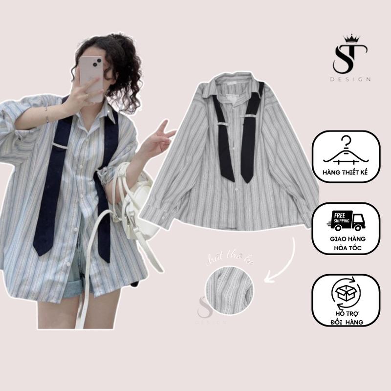 Áo sơ mi dài tay nữ kẻ sọc tặng kèm cà vạt - ST Design - M01 somi hot Freesize