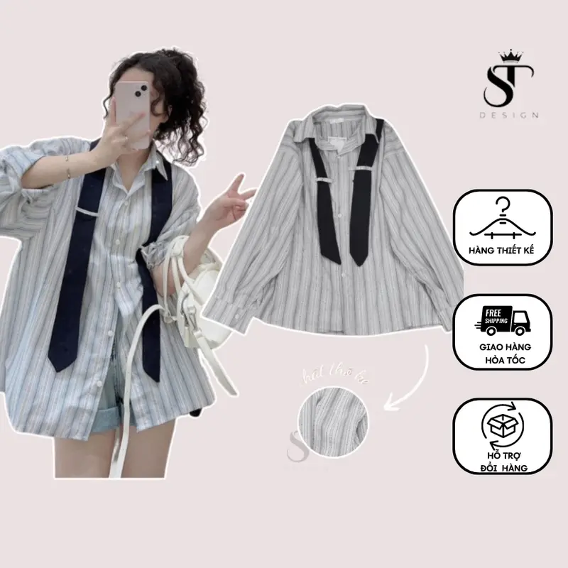 Áo sơ mi dài tay nữ kẻ sọc tặng kèm cà vạt - ST Design- M01 somi hot sơ minu Women Kem