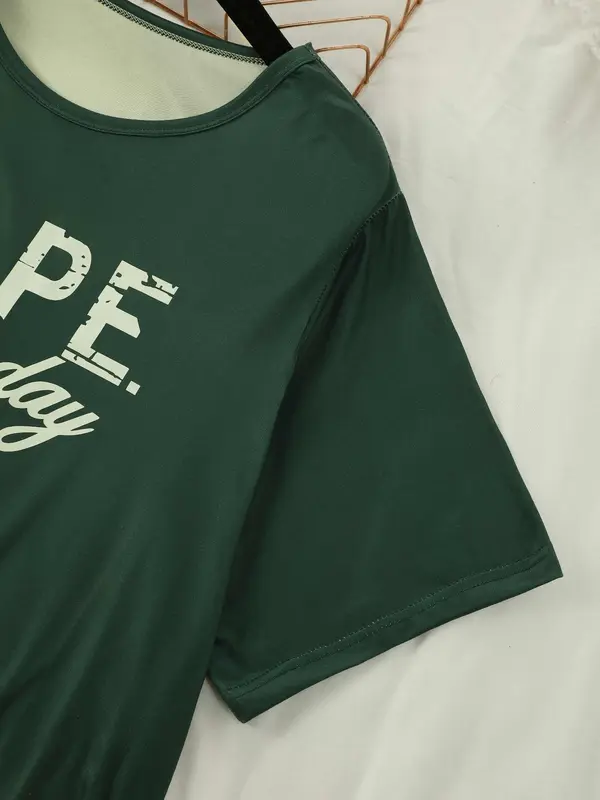 【Plus Size】 Letter Print Short Sleeve Tee & Pants Pajama Two-piece Set, Casual Comfy Round Neck T-shirt & Trousers Pajama Set, Women's Sleepwear for Summer 7