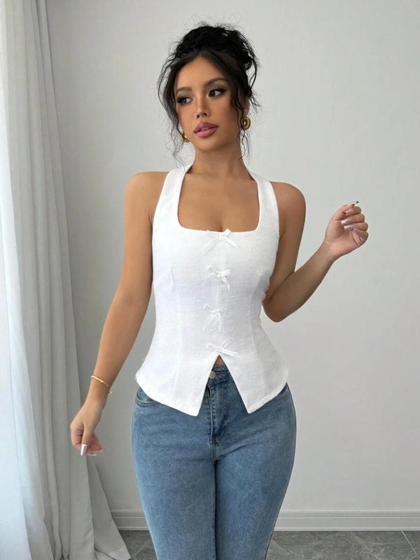 Women's Plain Bow Decor Tank Top, Casual Sleeveless Crop Top for Summer, Women's Clothing for Daily Wear 0