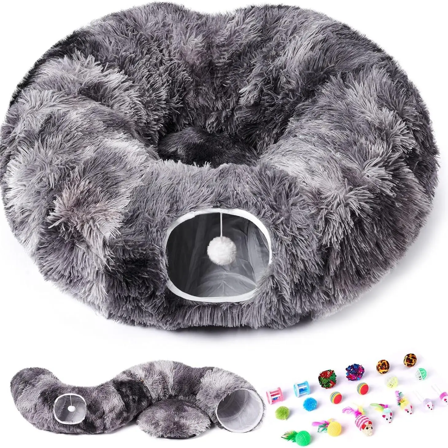 Cat Tunnel Bed with Central Mat, Soft Plush Material Cat Tunnel, Full Moon Shape Cat Nest, Pet Supplies for Kitten, Cat, Puppy, Rabbit, Ferrets