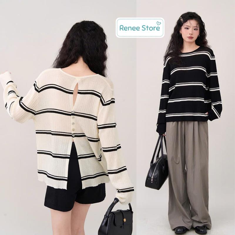 Áo len nữ mỏng kẻ sọc hở lưng cổ tròn dài tay cá tính Renee Store - AL1788
