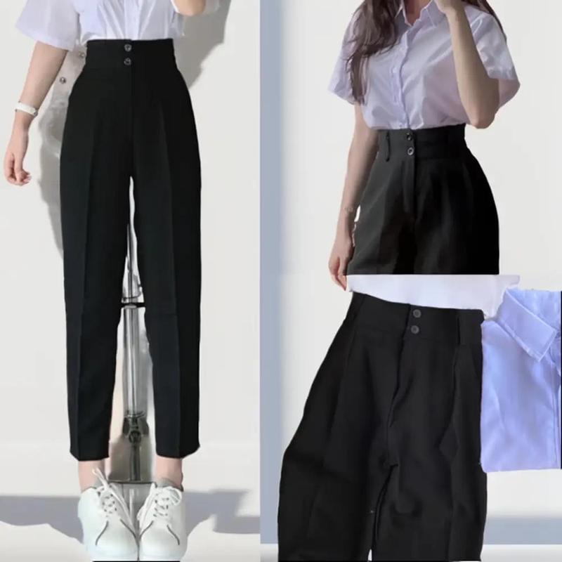 Quần Tây Đen Nữ Lưng Cao Dáng Dài Đi Học Sinh Màu Đen Chất Vải Tuyết Mưa Trơn Kiểu Quần Tây Baggy Nữ Cạp Cao Công Cở Ống Đứng Ong Women Pants Hổ Quần tây baggy