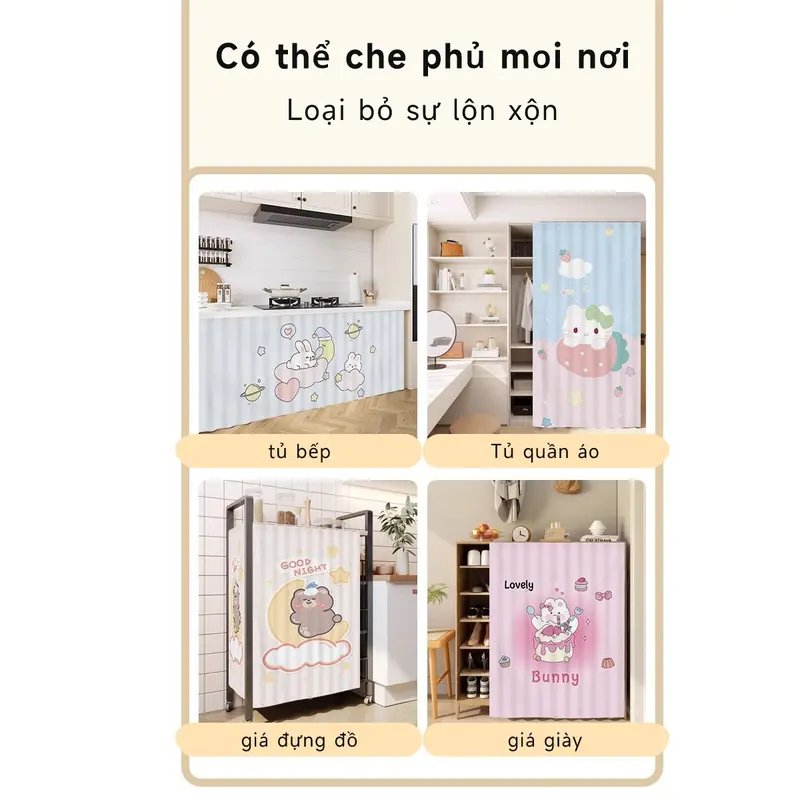 Rèm che mảnh vỡ tự dính, cho tủ bếp, có thể che phủ, chống thấm nước và chống dầu, không cần đục lỗ dán, có thể được cài đặt trên kệ hoặc cửa ra vào, thiết kế hoạt hình dễ thương và đơn giản 1
