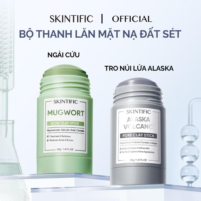 Bộ thanh lăn mặt nạ đất sét SKINTIFIC gồm ngải cứu 40g + tro núi lửa Alaska 40g
