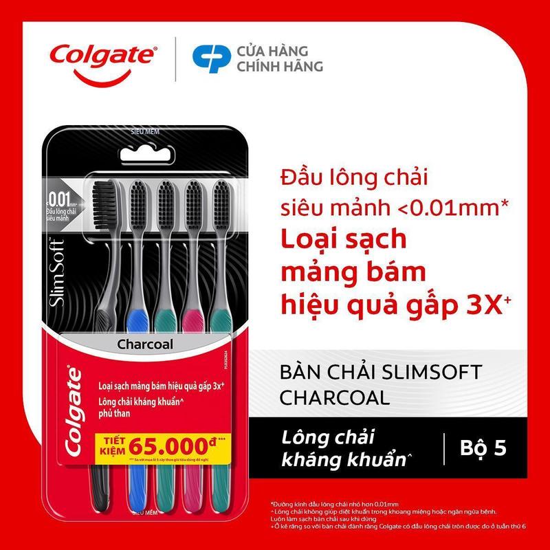 Bộ 5 Bàn chải đánh răng Colgate than hoạt tính kháng khuẩn SlimSoft Charcoal mềm mảnh