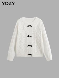 YOZY Women's Plain Bow Decor Waffle Knit Sweater, Casual Long Sleeve Round Neck Jumper for Fall & Winter, Fashion Ladies' Knitwear for Daily Wear