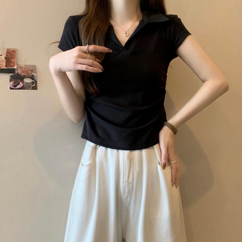 Product Introduction of 106 # Real Shot Real Price 40s Pure Cotton 210g (92% Cotton/8% Spandex) Polo Collar Waist-Cinching Short Sleeve T-Shirt for Women Top Womenswear 17