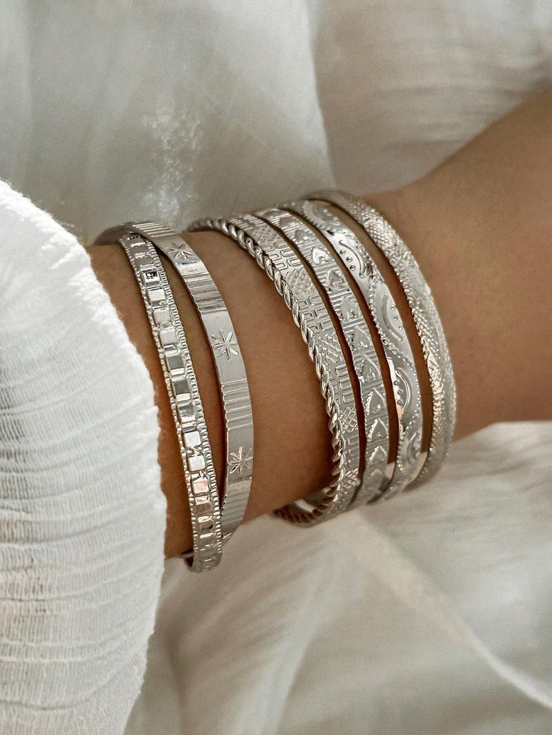Product Introduction of 7pcs/Set European And American Style Bangle Set With Hammered, Arrow, Floral, Exaggerated Hexagram Design, Twist Open Bracelets Jewelry Gifts 19