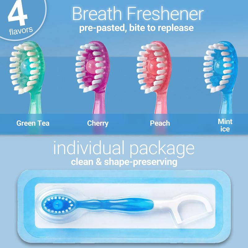 Disposable Mini Travel Toothbrush, 40pcs 5 in 1 Pre-pasted Toothbrush & Floss & Pick & Tongue Scraper, Portable Individual Pack for Travel, Breath Freshener Bead with Ice Flavor, No Water Or Rinsing, Floss Glide Easily, for Adult, Mouth Hygiene Kit 3
