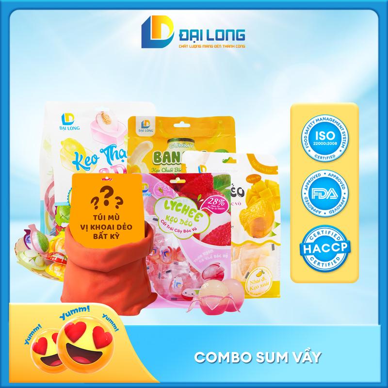 [1700gr] Combo SUM VẦY Đại Long gồm kẹo xoài, kẹo chuối, kẹo vải bóc vỏ, kẹo thạch và 1 gói kẹo dẻo khoai lang vị bất kỳ banh keo