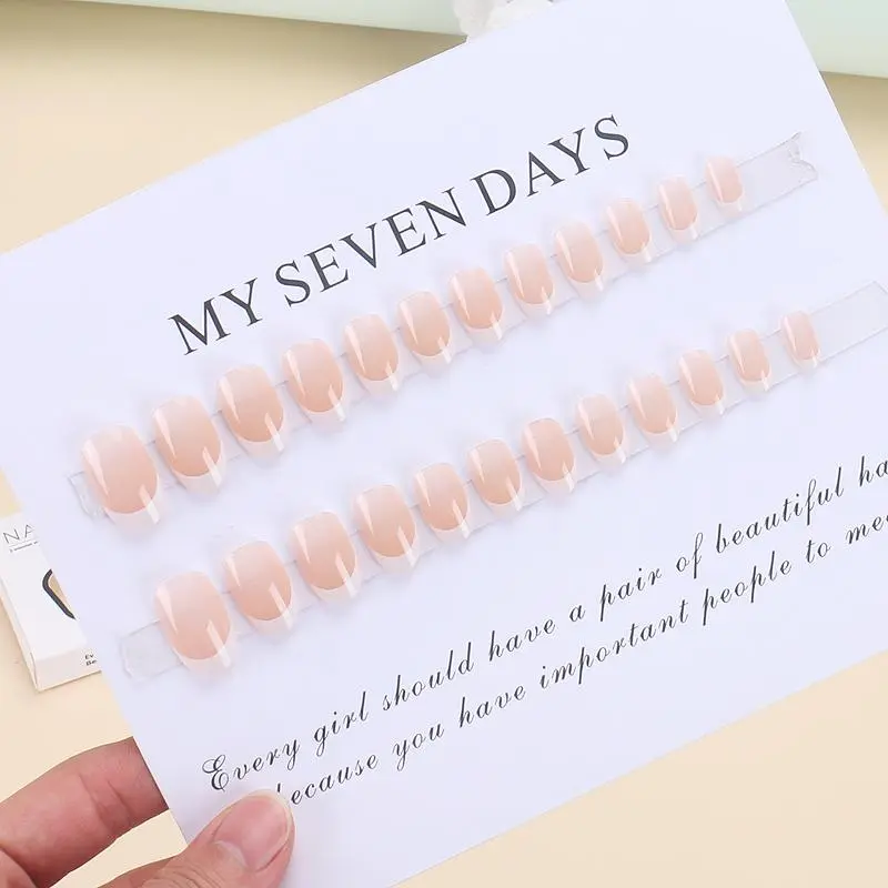 French Style Short Almond Press on Nails with Nail File & Tape, 24pcs/set Removable Nail Art Kit for Women & Girls Daily Wear 3