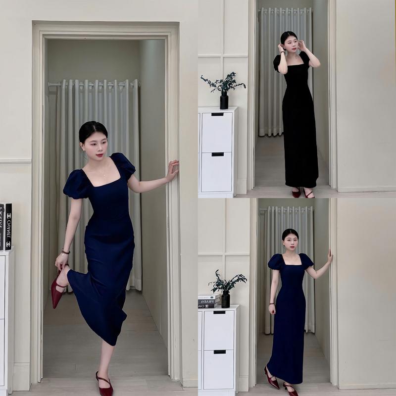 Đầm Cổ Vuông Tay Bồng Dáng Dài, Vải Kaki Thun,Đầm Tiểu Thư Nữ Dự Tiệc, Sang Trọng - LYC