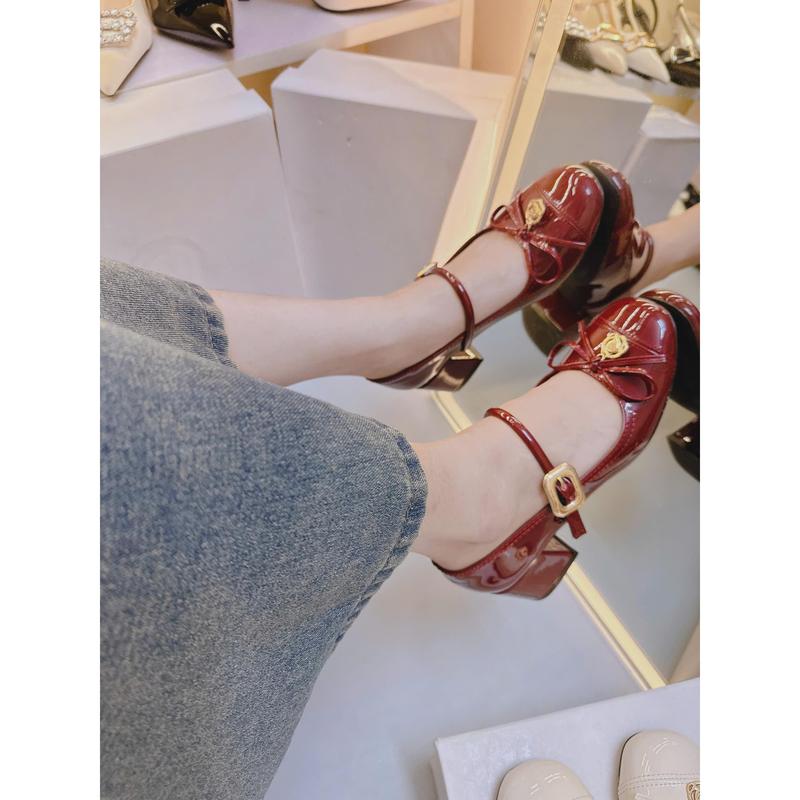 Giày Nơ Da Nữ Đế Vuông Đính Khuy Cài Tiểu Thư 3 Màu 5P X2