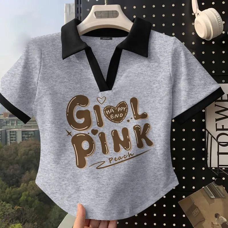 Product Introduction of American Retro Short-sleeved T-shirt for Women in Summer Contrasting Color Polo Shirt Design Niche Chic Short Top Ins Trendy Women 3