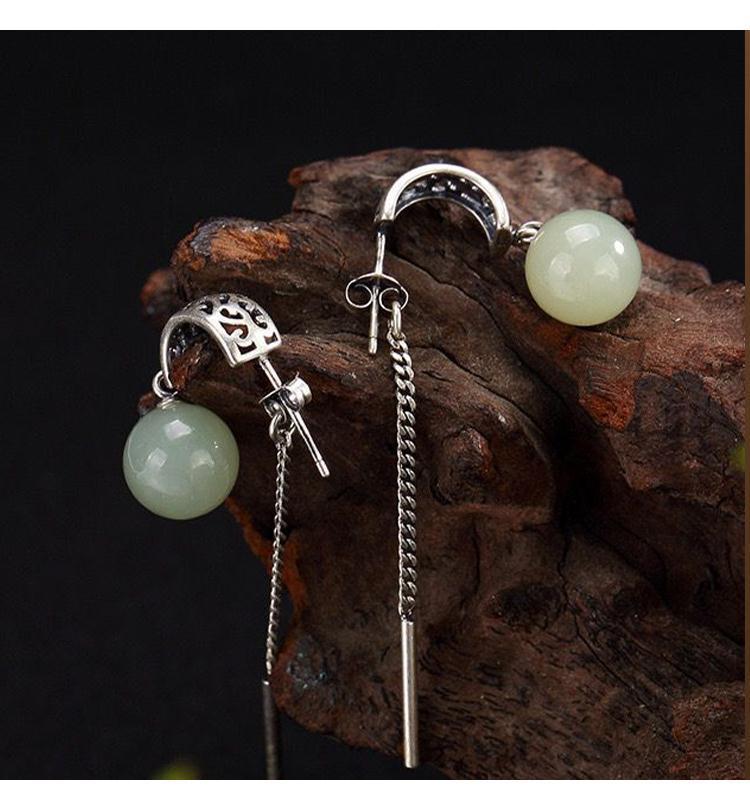 Product Introduction of Ladies green long section Chinese style natural Hetian white jade inlaid round bead earrings exquisite fashion jewelry 4