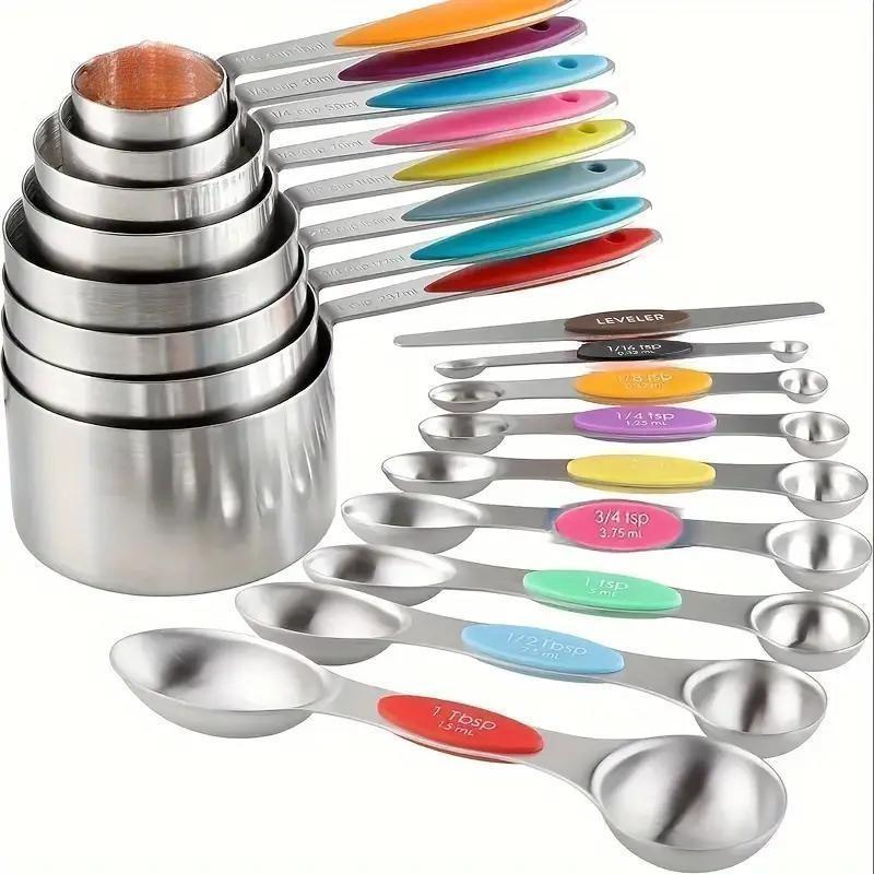 Stainless Steel Measuring Cups & Spoons Set, Stackable Soft Handle Measuring Cups, Kitchen Measuring Utensils for Baking & Cooking 2