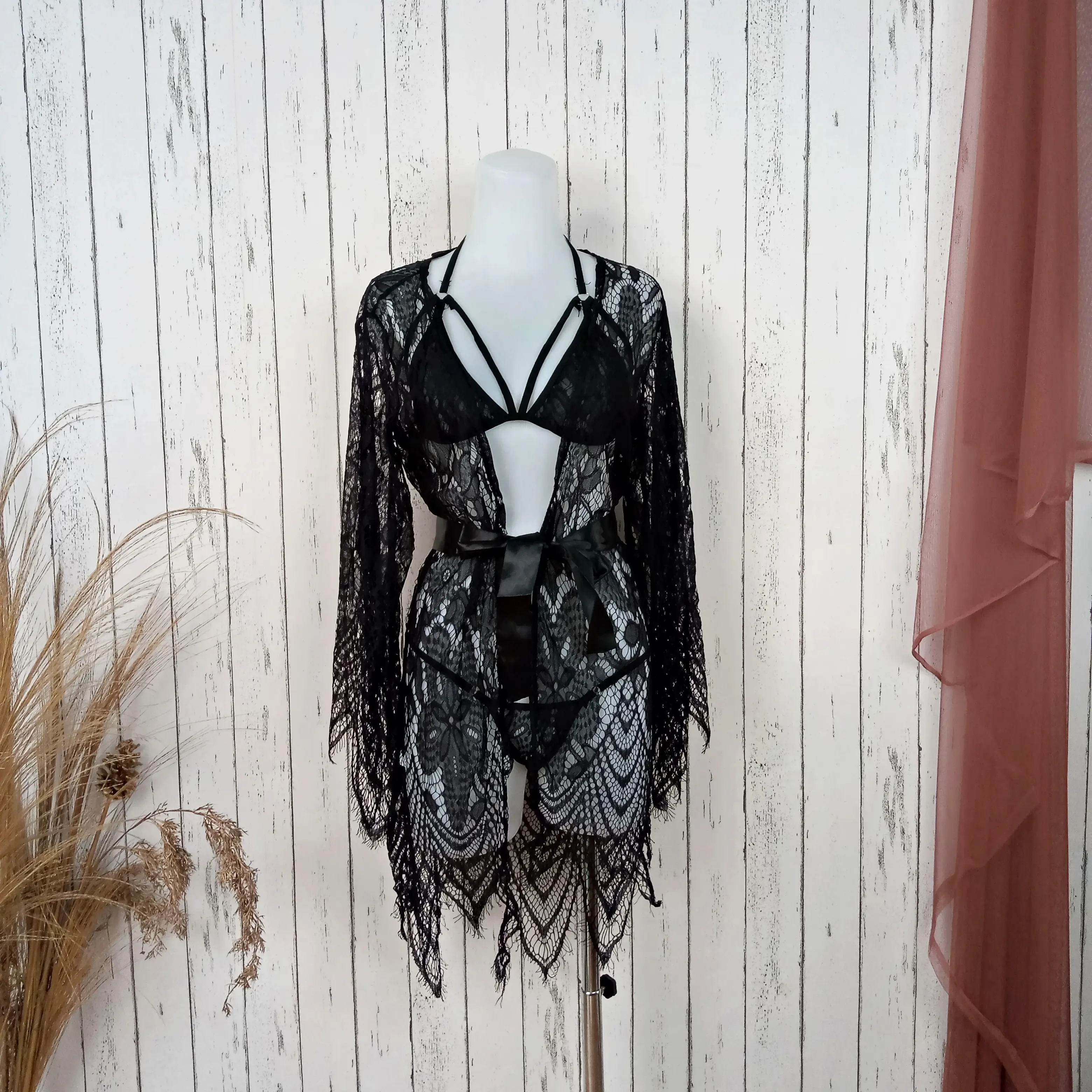 ARENAR SKA323 Kimono Lingerie Hitam Full SET - Baju Tidur Tipis Transparan wanita - Lingerie Murah