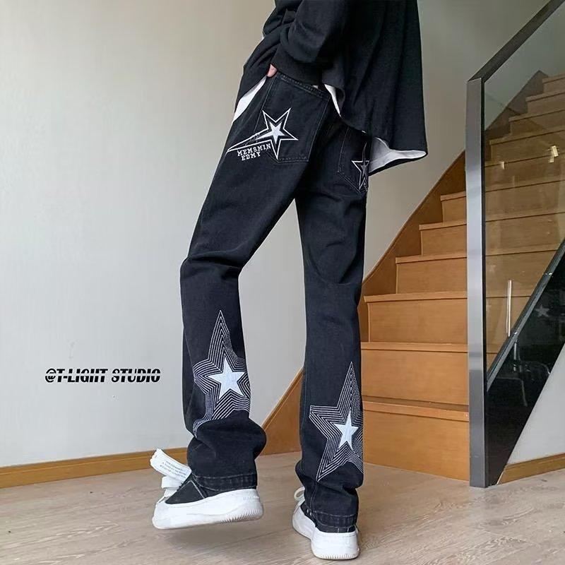 Quần ống suông chất jean Hàn Quốc hoạ tiết thêu nổi không nhăn không xù phong cách unisex phù hợp cho cả nam và nữ Menswear Pants