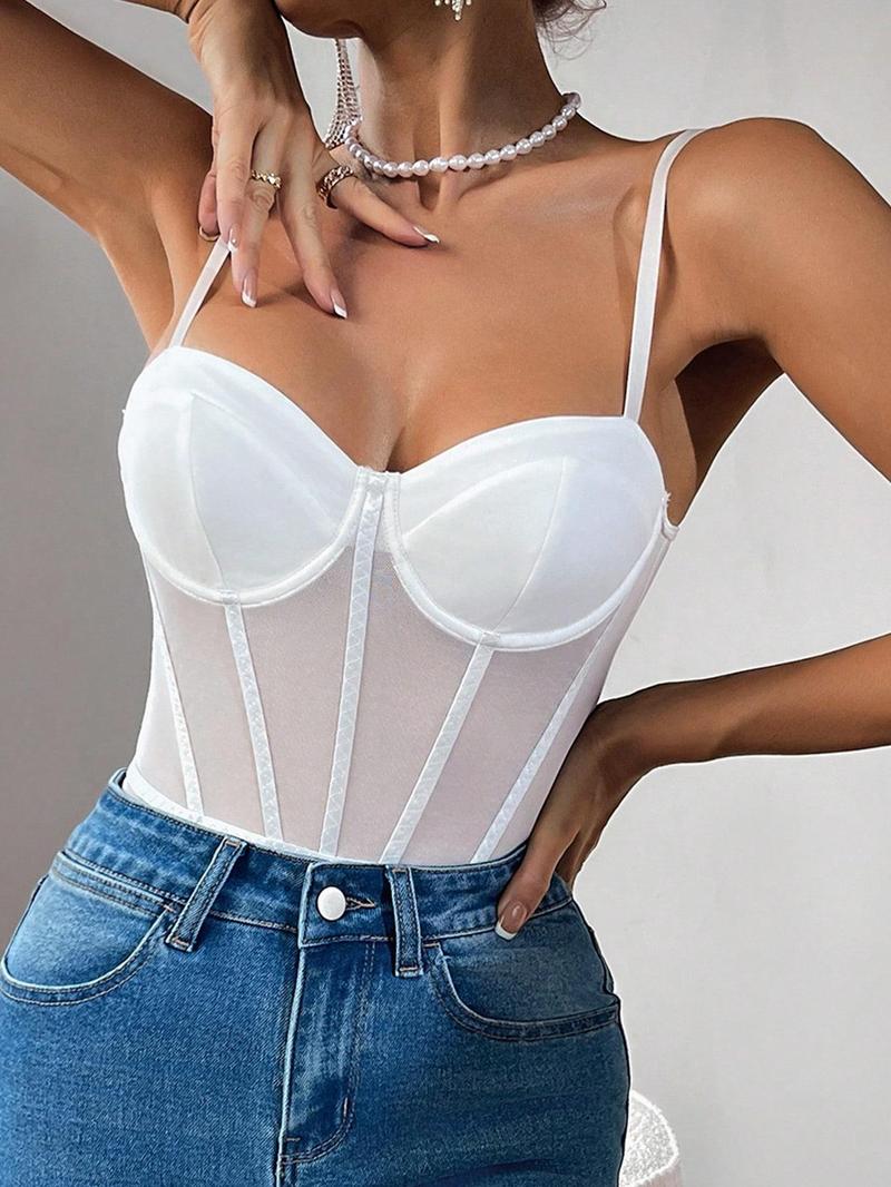 Product Introduction of Women's Solid Color Sheer Corset Bodysuit, Fashionable Sleeveless Bodysuit for Daily Wear, Clothes for Women 4
