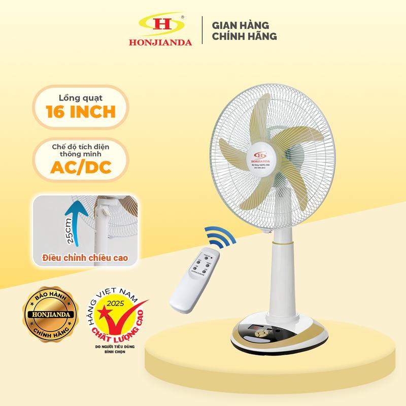 Quạt Sạc Tích Điện Honjianda dạng đứng AC&DC 16 inch FL426H- có remote điều khiển và tích hợp đèn LED hỗ trợ cúp điện