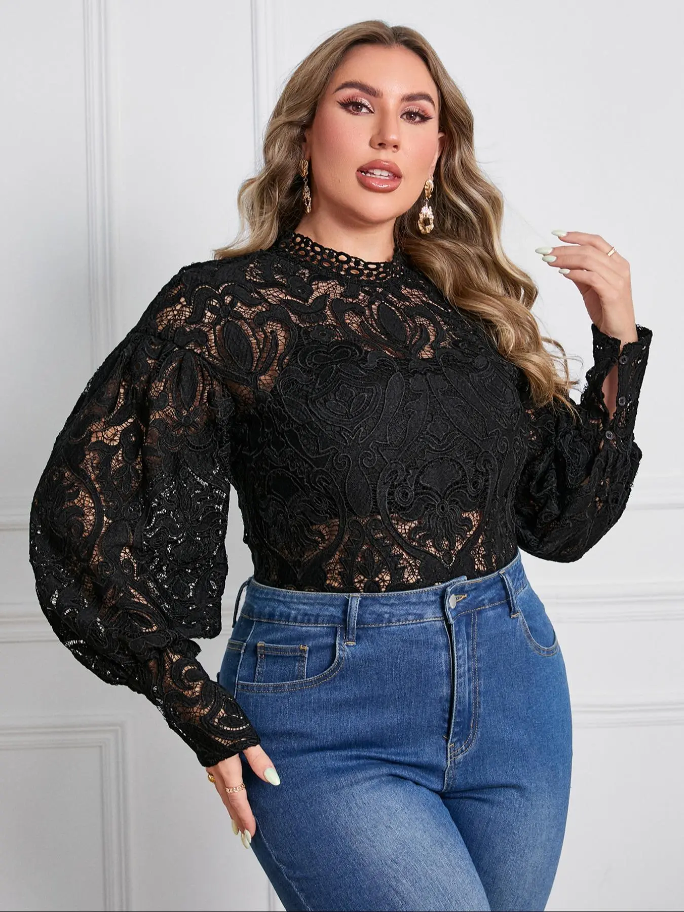 【Plus Size】 Floral Embroidery Hollow Out Sheer Lantern Sleeve Blouse, Elegant Mock Neck Top for Fall & Winter, Women's Clothes for Daily Wear