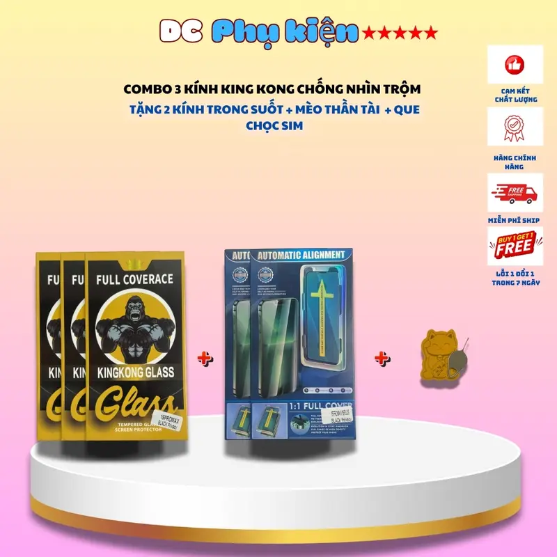 Combo 3 Kính cường lực KingKong Glass chống nhìn trộm hộp vàng , có khung tự dán, Tri ân 2 kính trong suốt+ 1 mèo thần tài + 1 que sim- DC Phụ Kiện 0