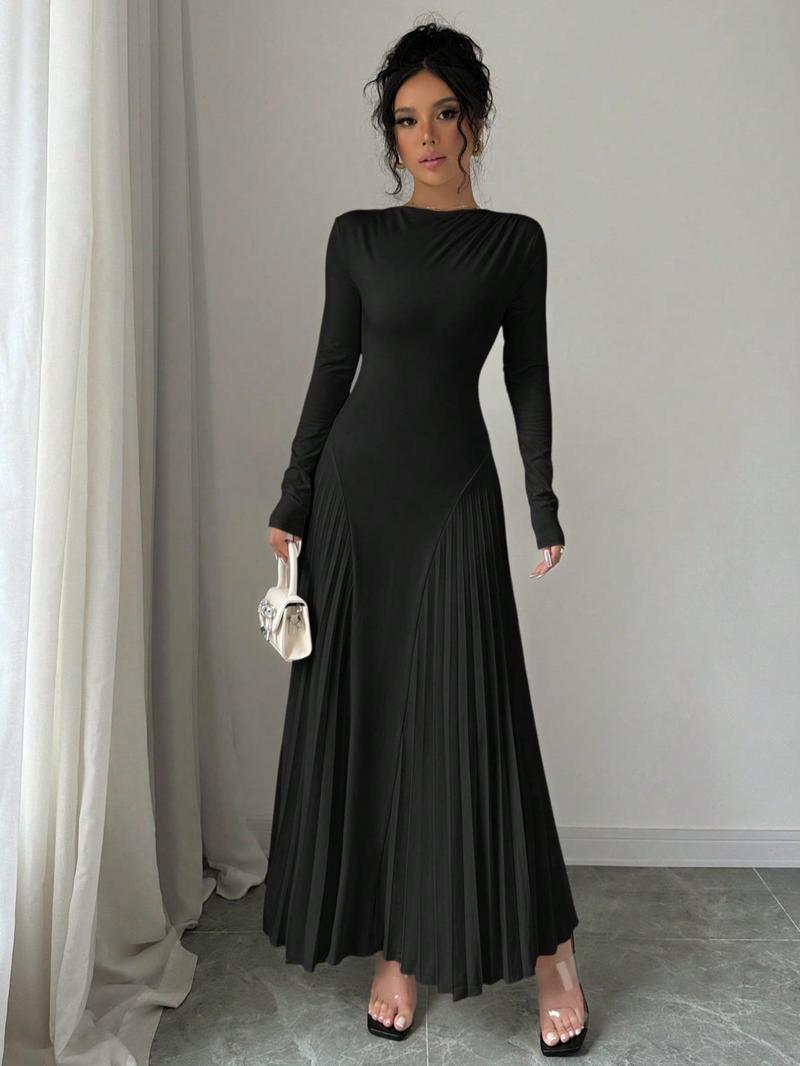 Product Introduction of Women's Solid Color Pleated Tight-fitting Dress, Elegant Long Sleeve Round Neck Dress for Party Holiday Wedding Guest, Ladies Spring & Fall Clothes 4