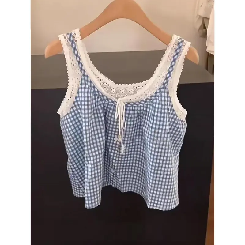 Áo Vest Kẻ Sọc, Phong Cách Pháp, Thiết Kế Kẻ Sọc Tươi Mới Buộc Dây, Khâu Ngọt Ngào, Dễ Phối Đồ, Dáng Rộng Vừa Vặn, Hai Mảnh Giả, Có Dây Đeo 2