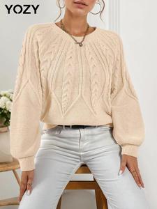 YOZY Women's Textured Lantern Sleeve Crew Neck Sweater, Casual Plain Long Sleeve Round Neck Jumper for Fall & Winter, Fashion Ladies' Knitwear for Daily Wear