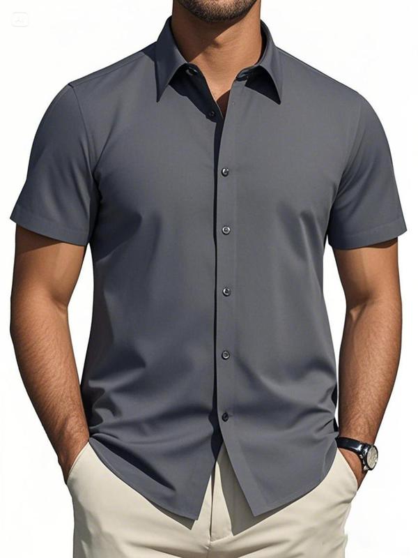 Men's Regular Fit Solid Short Sleeve Shirt, Casual Button Down Collared Top for Summer, Fashion Men's Clothes for Daily Wear 6