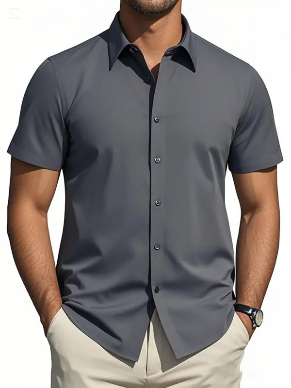 Men's Regular Fit Solid Short Sleeve Shirt, Casual Button Down Collared Top for Summer, Fashion Men's Clothes for Daily Wear 6