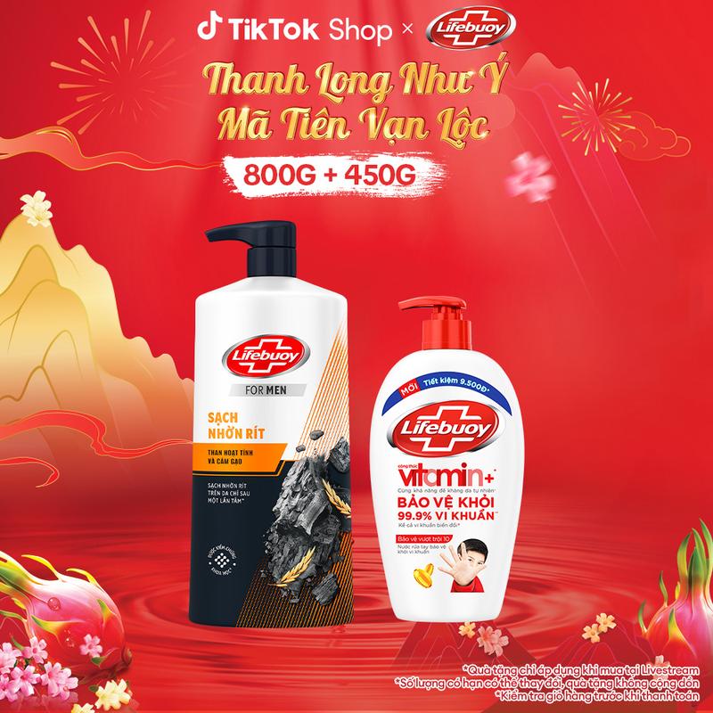 Bộ Đôi Sữa Tắm Lifebuoy Detox Than Hoạt Tính & Cám Gạo Hỗ Trợ Loại Bỏ Bã Nhờn Chai 800g + Nước Rửa Tay Lifebuoy Công thức Vitamin+ Hỗ Trợ Bảo Vệ Vượt Trội 10 450g Chai 1