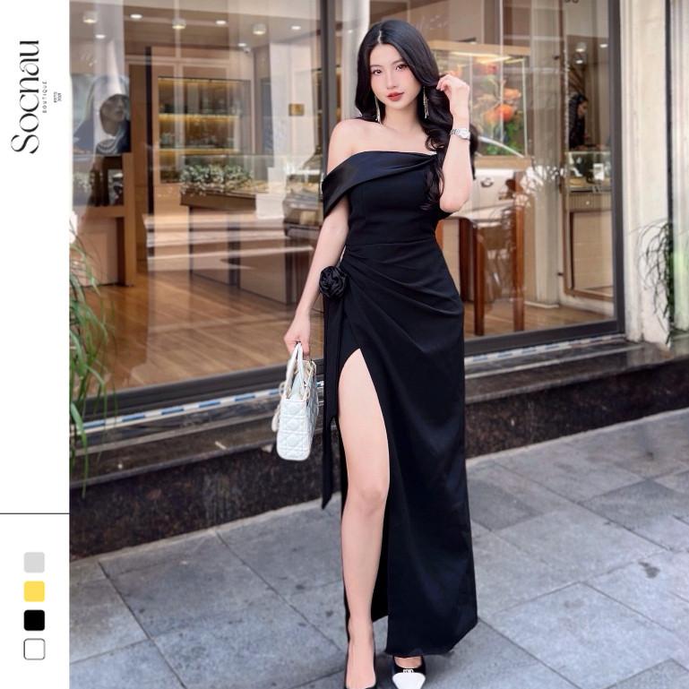 Váy dự tiệc Dáng Dài Trễ Vai NV671 Đầm Ôm Body Xẻ Tà Có Đi Kèm Tag Hoa Và Nơ Xinh Xắn Nữ Tre