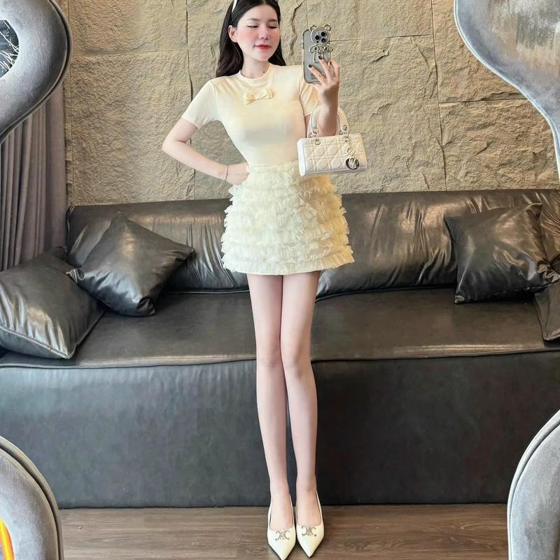 Set áo tăm lạnh ôm body đính nơ mix chân váy tầng bèo xinh dể thương mẫu mới đáng yêu Nữ 2