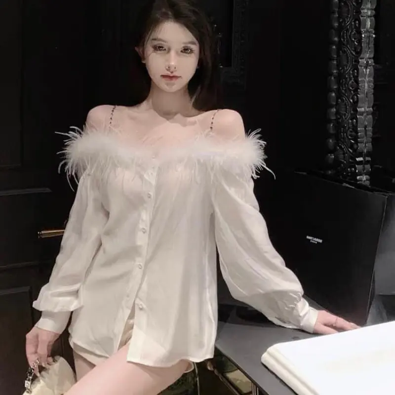 Áo Sơ mi Trễ Vai Lông Vai Có Dây Xích 2 Màu Siêu Xinh, CONAN SHOP Top Jean