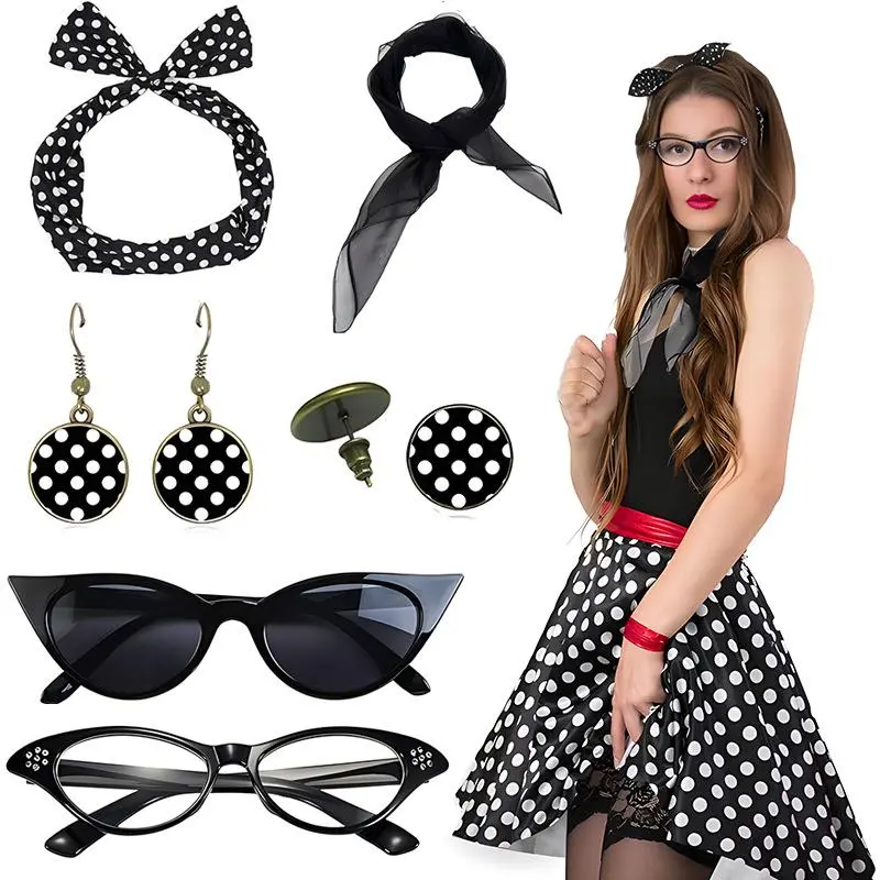 Vintage Party Ladies Cosplay Dress Up, Cat Eye Glasses Polka Dot Hairband Earrings Stud Earrings Accessory Set Cosplay