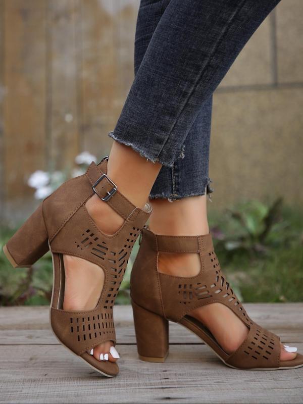 Women's Summer 2024 Fashionable Solid Color Hollowed-out Zipper High Heel Sandals, Peep Toe Sandals Chunky Heel, Ankle Strap Pumps Shoes for Party 1