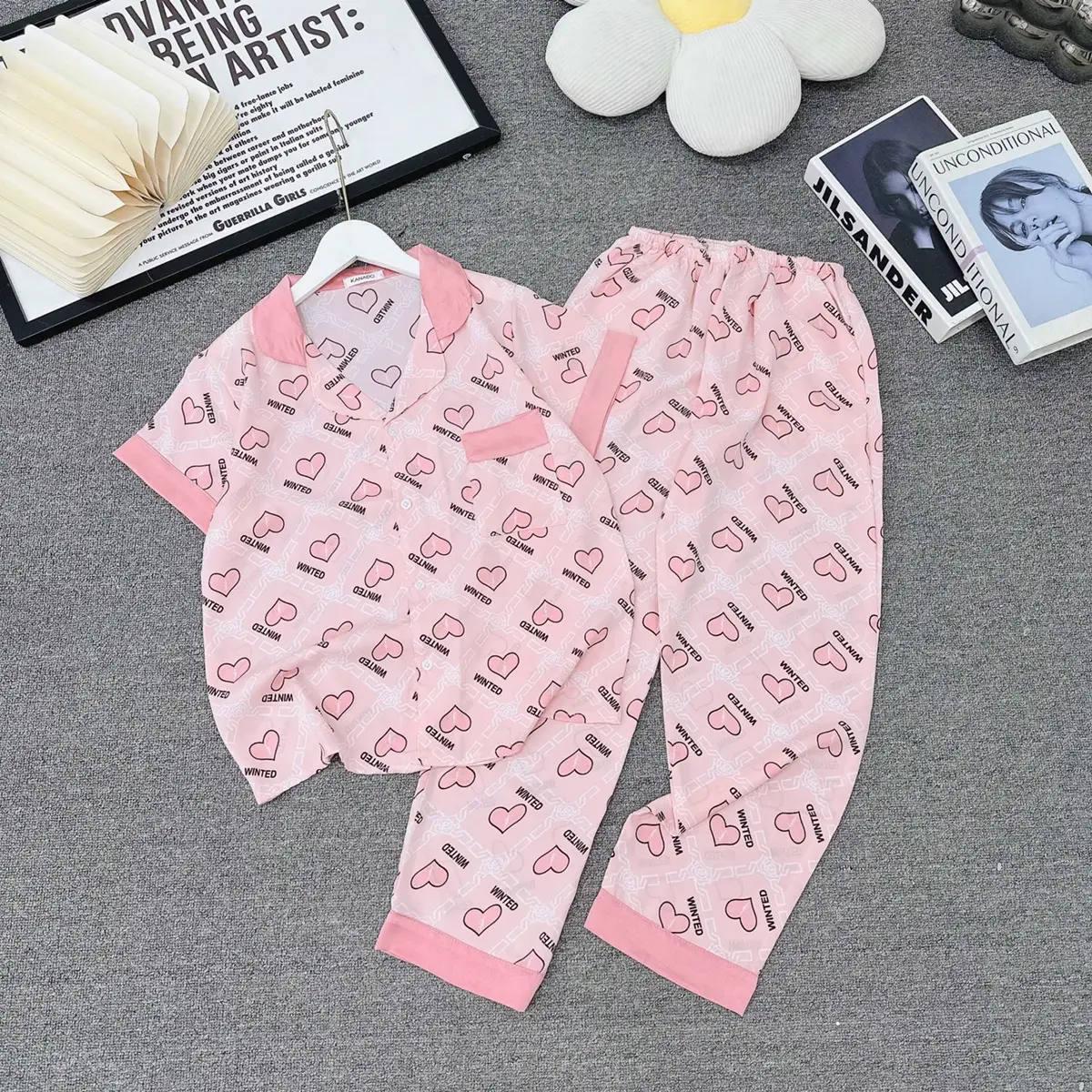 Bộ pizama lụa áo ngắn tay quần dài viền màu