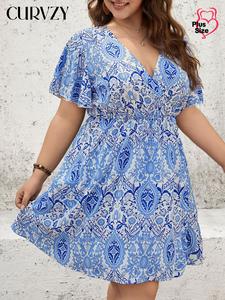 CURVZY Plus Size All Over Print V Neck Dress, Casual Short Sleeve Dress for Summer, Women's Plus Clothing for Daily Wear