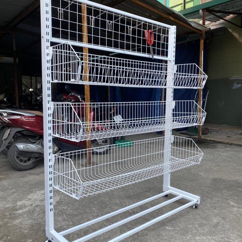 Kệ để hàng đa năng có bánh xe kết hợp rổ lưới + Móc treo