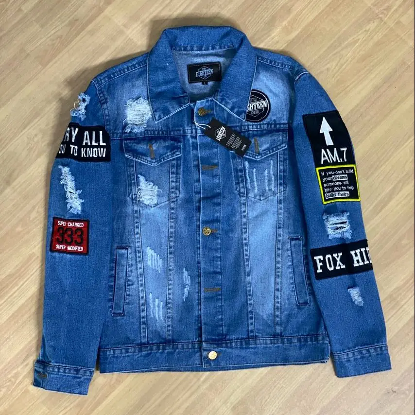 Jaket Jeans pria Wanita HipHop Blit Full Bordir Dewasa Kantong Luar Dalam Motif Distro