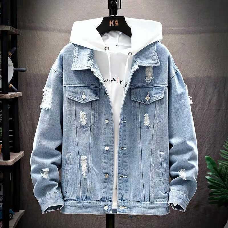 Product Introduction of Áo Khoác Denim Nam, Thời Trang Mới Mùa Xuân Và Mùa Thu, Phong Cách Hàn Quốc Thường Ngày Rách, Giặt Được, Màu Trơn 3