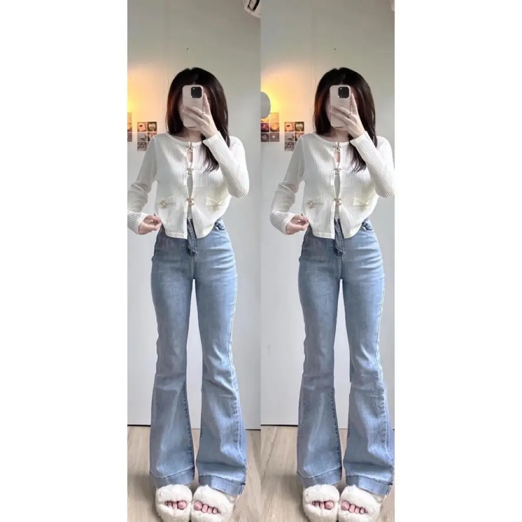 QUẦN JEANS ỐNG LOE GẤU 3CM TRƠN  XINH XINH. Ong Pants