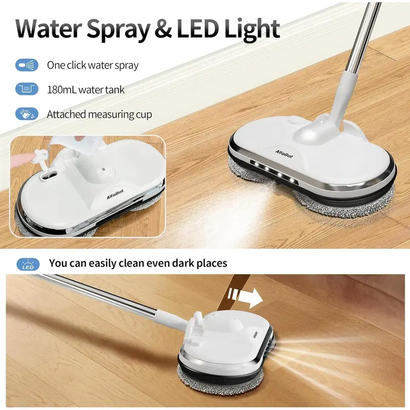 Cordless Electric Mop for Floor Cleaning, AlfaBot WS-24 Electric Spin Mop, Electric Mop with Water Sprayer and LED Headlight, Lightweight & Rechargeable Floor Scrubber for Hardwood Tile Floors 3