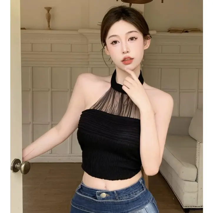 Áo Yếm Cổ Yếm, Khâu Lưới Quý Cô, Áo Mùa Hè Cho Nữ, Áo Sơ Mi Gợi Cảm, Áo Ngắn, Áo Sơ Mi Thời Trang Mới 6