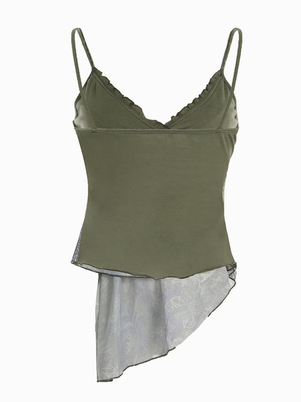 Women's Floral Print Contrast Lace Cami Top, Retro Asymmetrical Hem Sleeveless Top for Daily Wear, Ladies Clothes for All Seasons 1