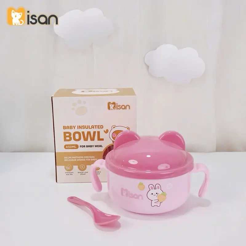 (Kèm Thìa) Bát Ăn Inox Cách Nhiệt Có Tay Cầm Kèm Muỗng Và Nắp Cho Bé ăn dặm Kem 6