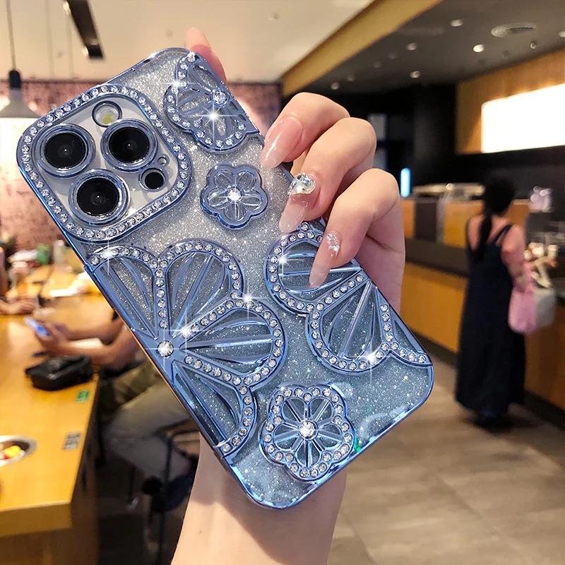 Product Introduction of Luxury Glitter 3D Diamond Flower Phone Case For iPhone 16 15 14 13 12 11 Pro Max Plus Gradient Shockproof Electroplated Cover 7