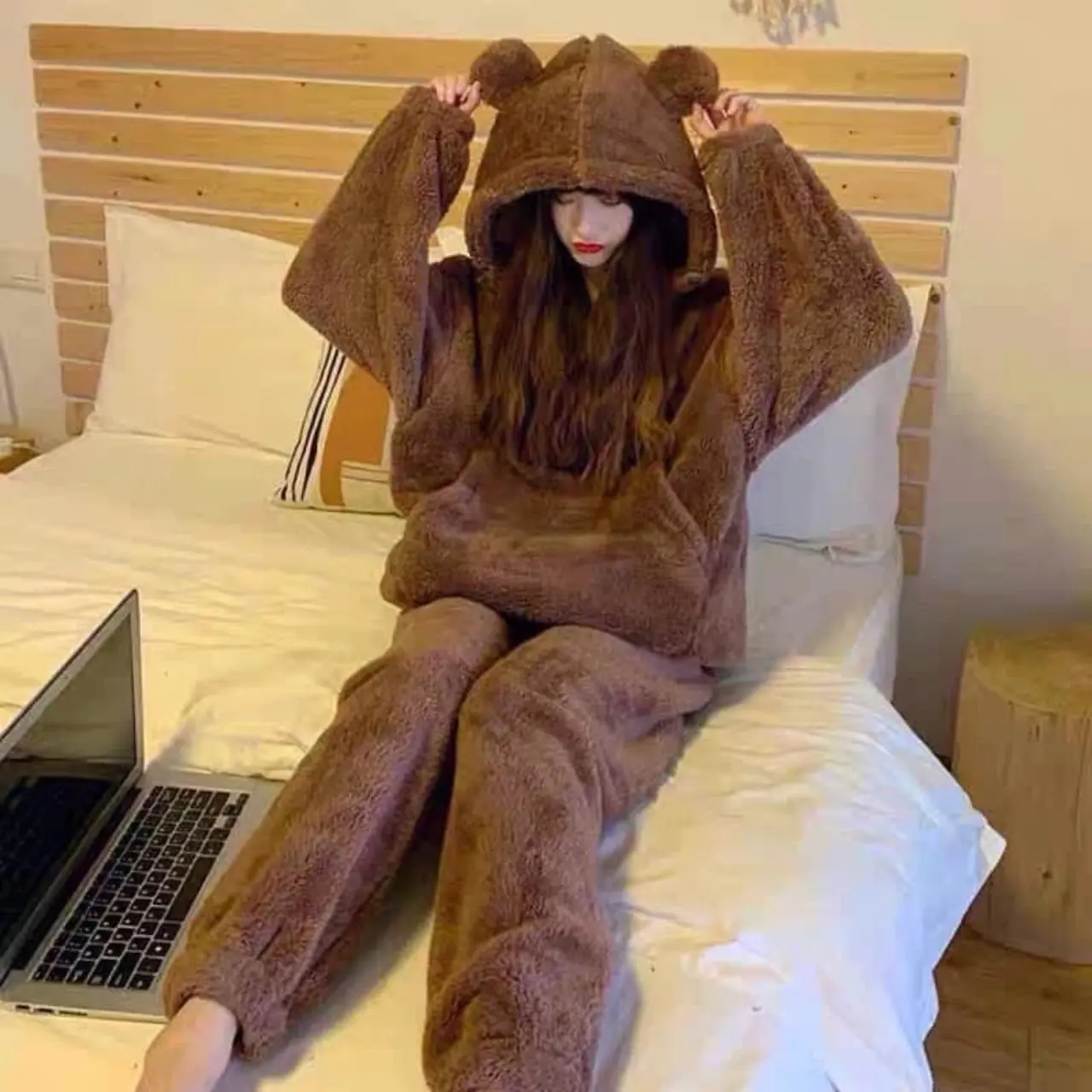 Bộ đồ mặc nhà lông cừu 2 mặt hoodie mũ siêu to chất dầy dặn siêu mượt ấm áp bất chấp rét đại hàn thời trang hàn quốc